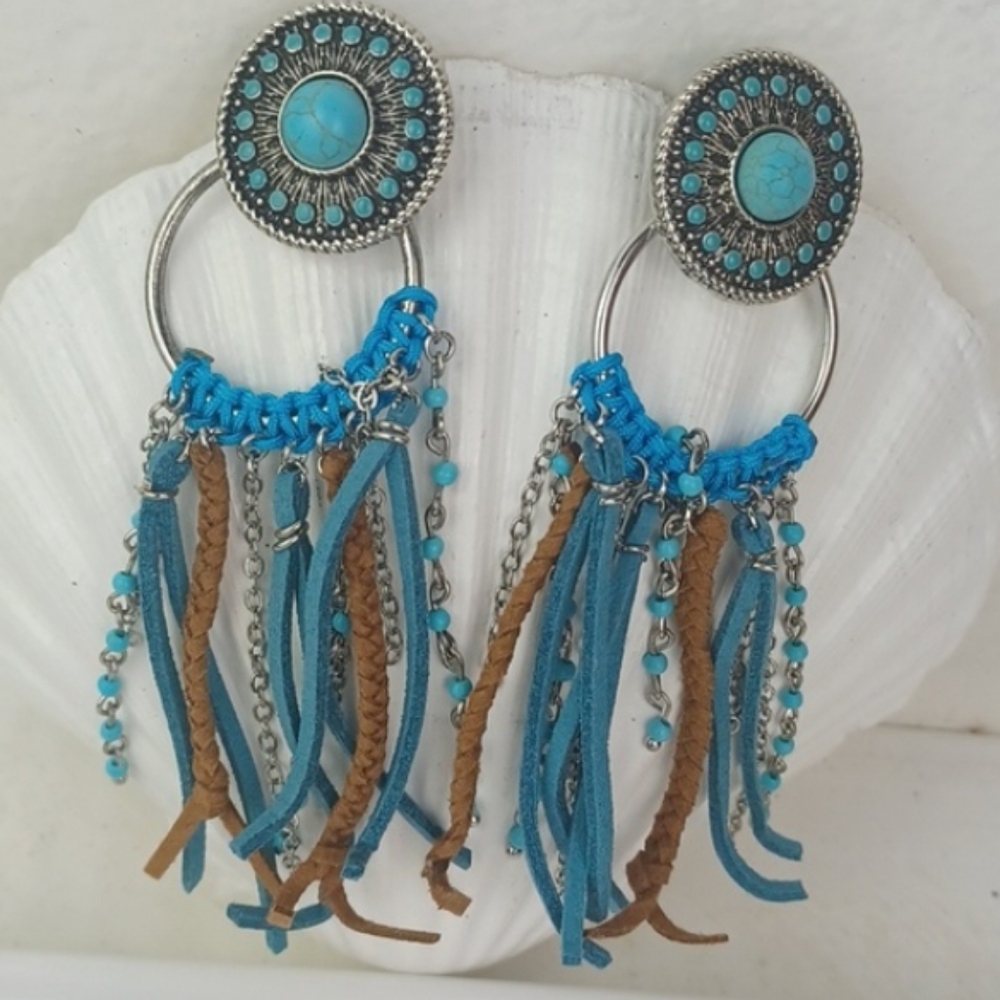 Justin Boots Silver & Turquoise  Radically Cool Mixed Medium Fringe Earrings NWT